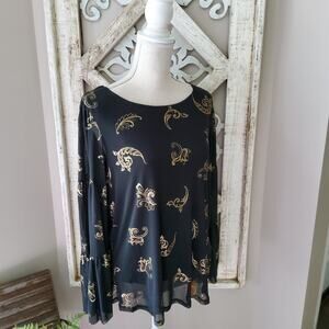 Ruby Rd Women's Scroll Foil Print Bell Sleeve Mesh Blouse Top in Black & Gold